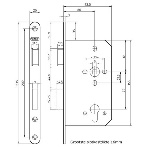 NEMEF 600 Serie Binnendeurslot Cilinderslot PC72 DM60 649/17 RVS Din LS (Excl. Sluitplaat)-1423