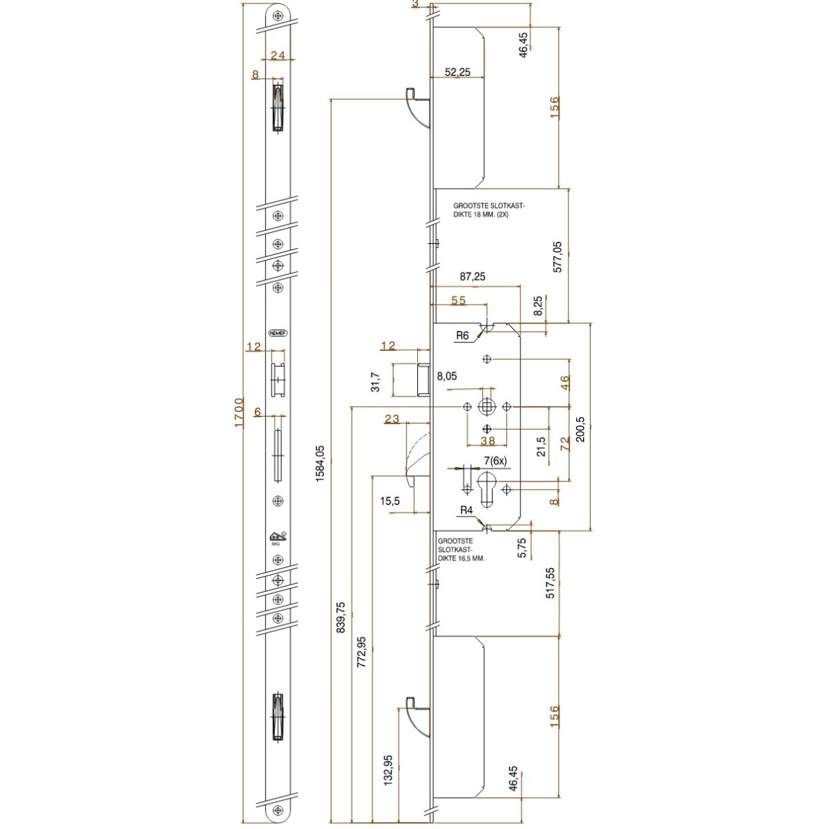 NEMEF Meerpuntssluiting Cilinderbediend Excellence Line 4923/02 1700x24mm DM55 PC72 SKG*** - Afbeelding 2