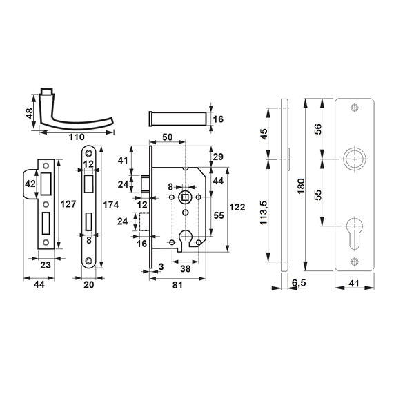 DX Cilinderslot PC55 DM50 Inclusief Binnendeurbeslag en Cilinder DD35-40 Din LS/RS (1269/94) DKS PC5-1417
