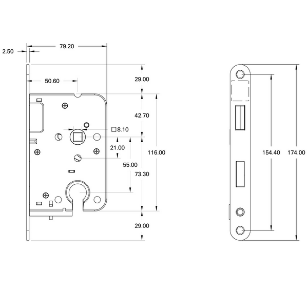 MAUER Magneetslot Cilinderslot PC55 DM50 1545 (1269/17) RVS LS/RS (tekening)