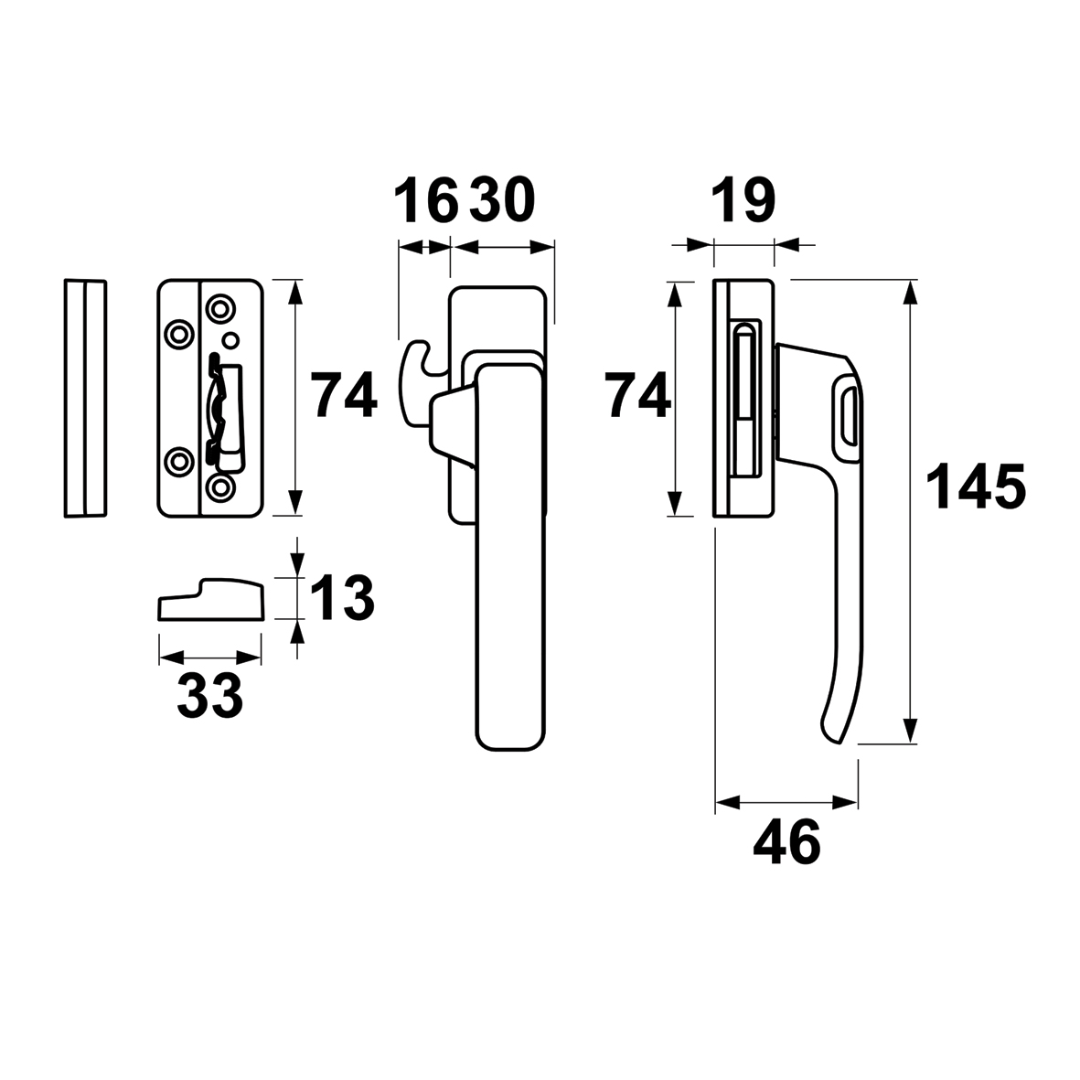 3327-51-Maattekening AXA Raamsluiting 3327 Rechts Zwart Maattekening