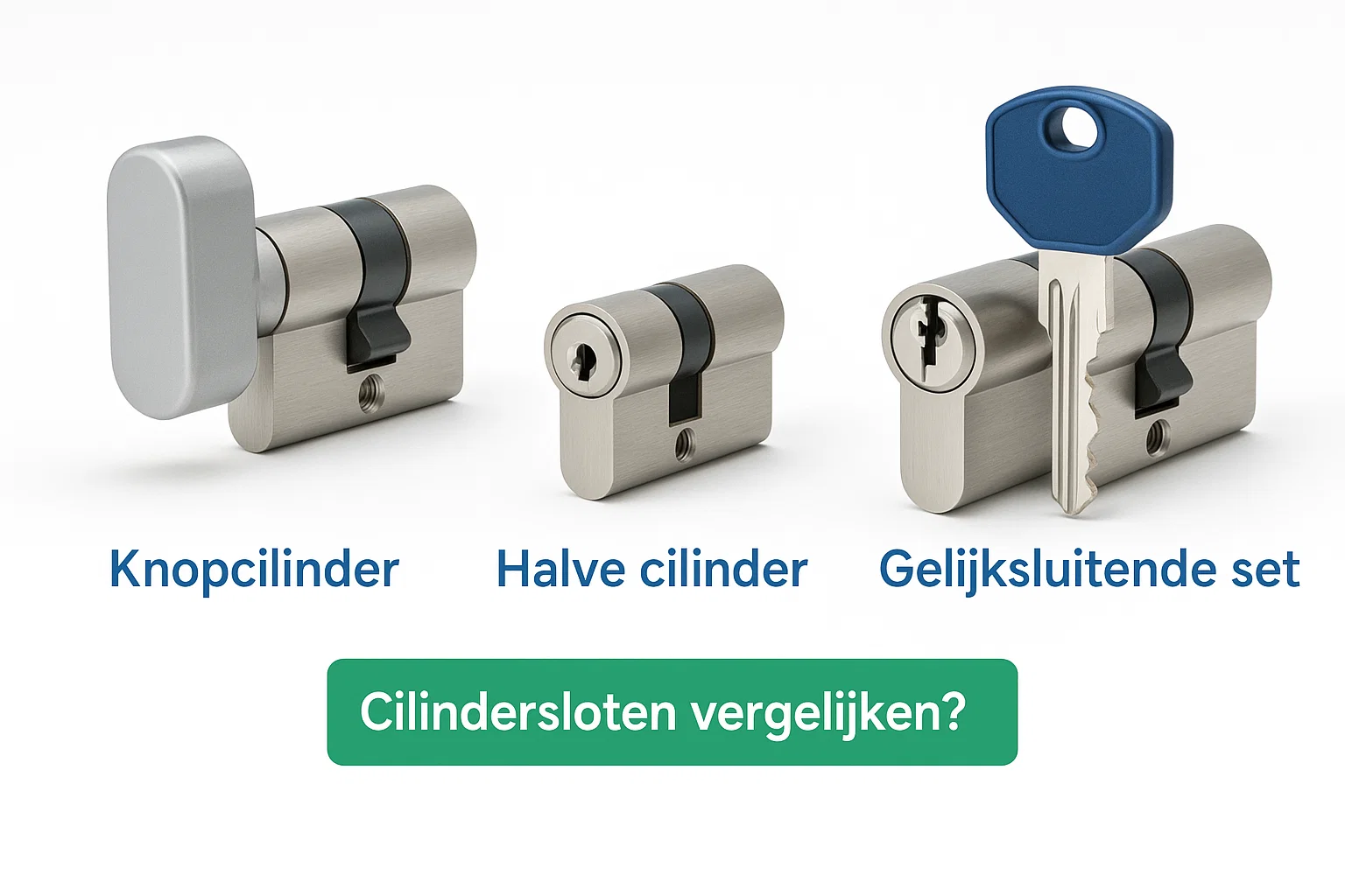 Afbeelding van drie soorten cilindersloten: links een knopcilinder met draaiknop, in het midden een halve cilinder met eenzijdige sleutelbediening, en rechts twee gelijksluitende cilinders met één sleutel.