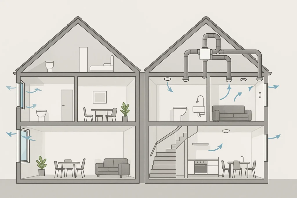 Technische illustratie van twee woningen in doorsnede: links met natuurlijke ventilatie via DUCO ventilatieroosters, rechts met mechanisch ventilatiesysteem inclusief kanalen en ventilatie-unit.