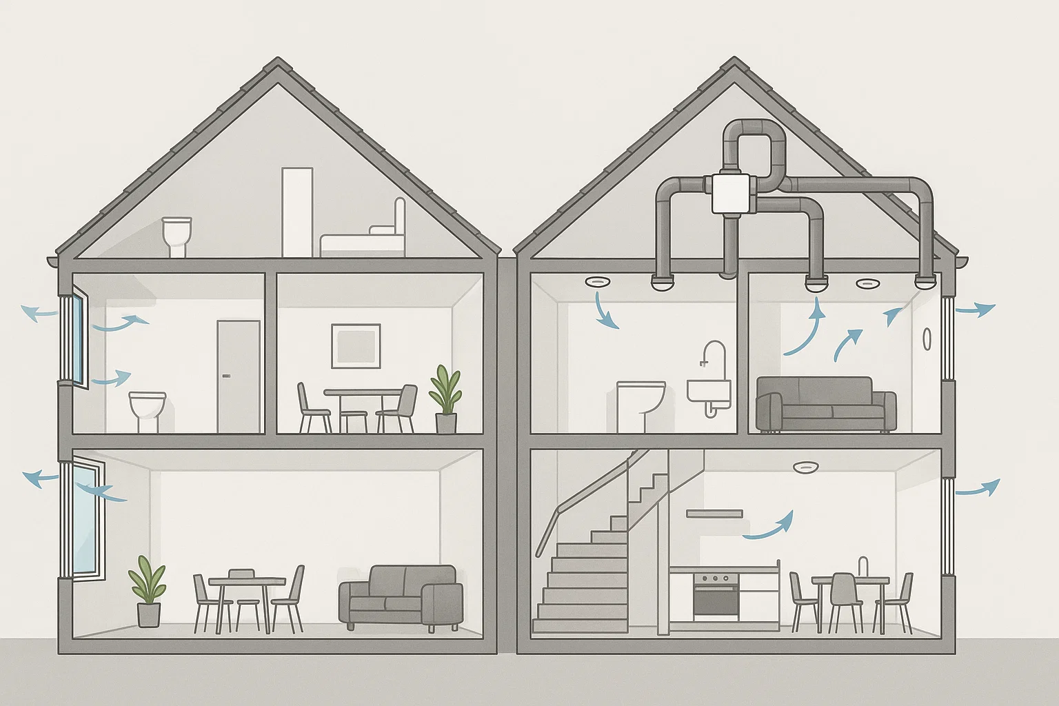 Technische illustratie van twee woningen in doorsnede: links met natuurlijke ventilatie via DUCO ventilatieroosters, rechts met mechanisch ventilatiesysteem inclusief kanalen en ventilatie-unit.