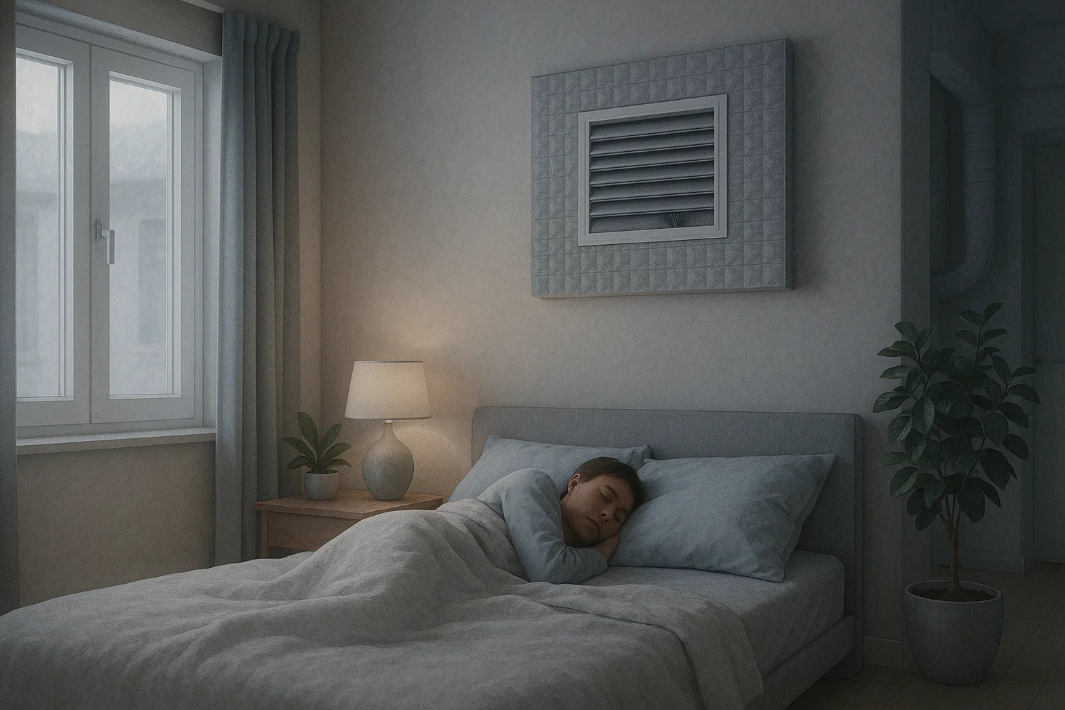 rustige slaapkamer, ideaal geventileerd met minimale geluidsoverlast dankzij geluiddempende ventilatiecomponenten.