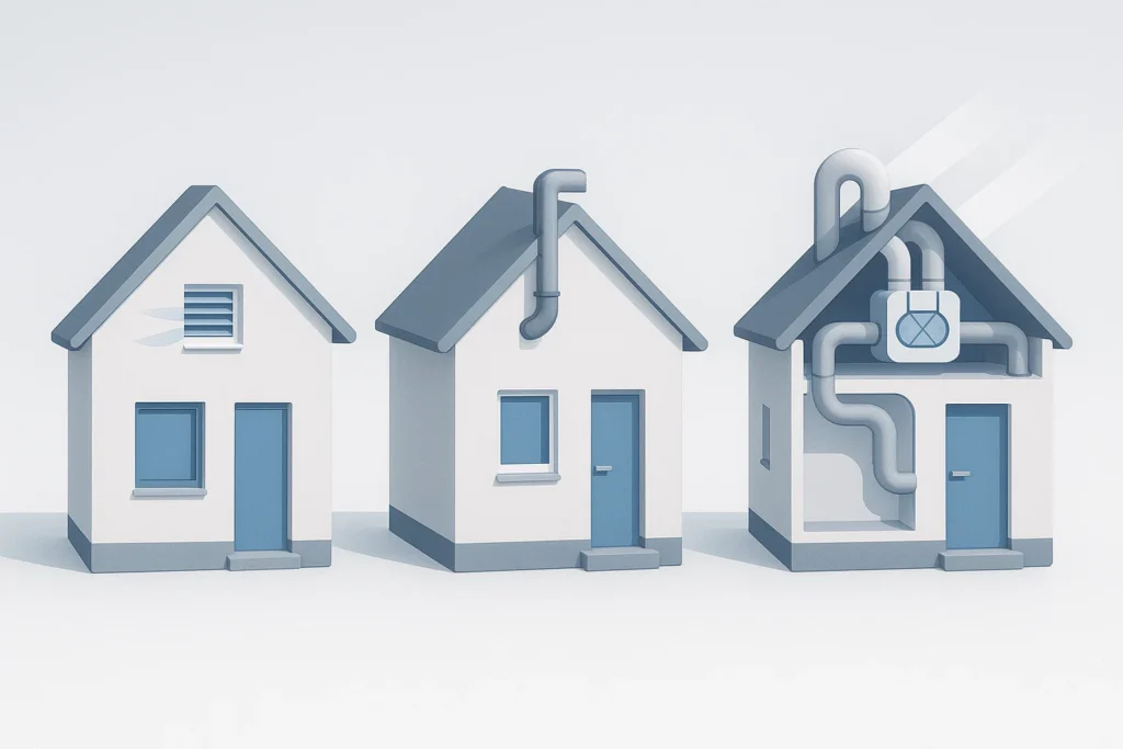 Illustratie van drie woningen met verschillende ventilatiesystemen: links een eenvoudige woning met natuurlijke ventilatie via raamroosters, in het midden een woning met mechanische ventilatie systeem C met ventilatorunit, en rechts een woning met systeem D met warmteterugwinning (WTW) en dubbel kanalensysteem